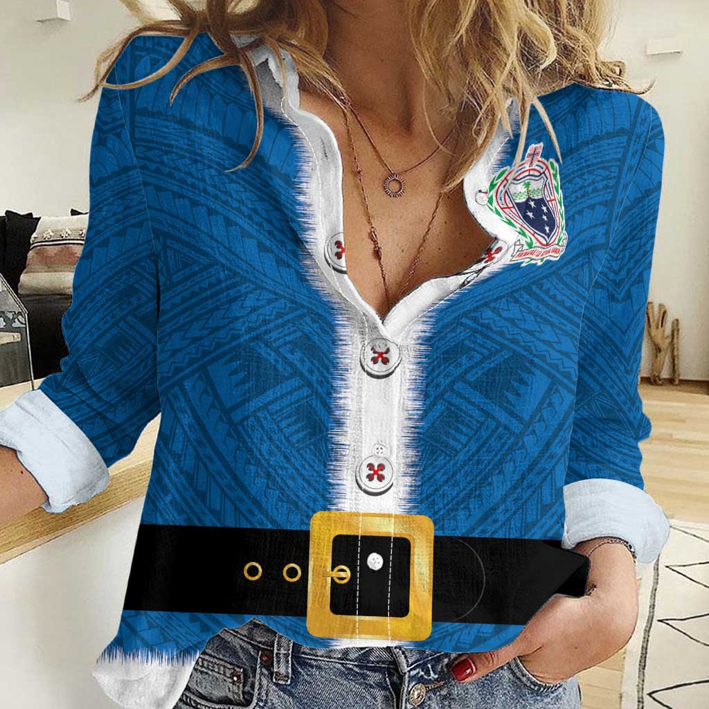 Samoa Merry Christmas Women Casual Shirt Santa Suit Style With Tatau Tattoo Pattern LT03 Female Blue - Polynesian Pride