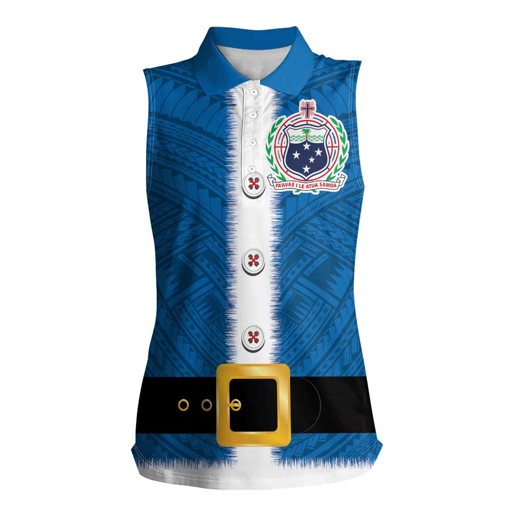Samoa Merry Christmas Women Sleeveless Polo Shirt Santa Suit Style With Tatau Tattoo Pattern LT03 Female Blue - Polynesian Pride