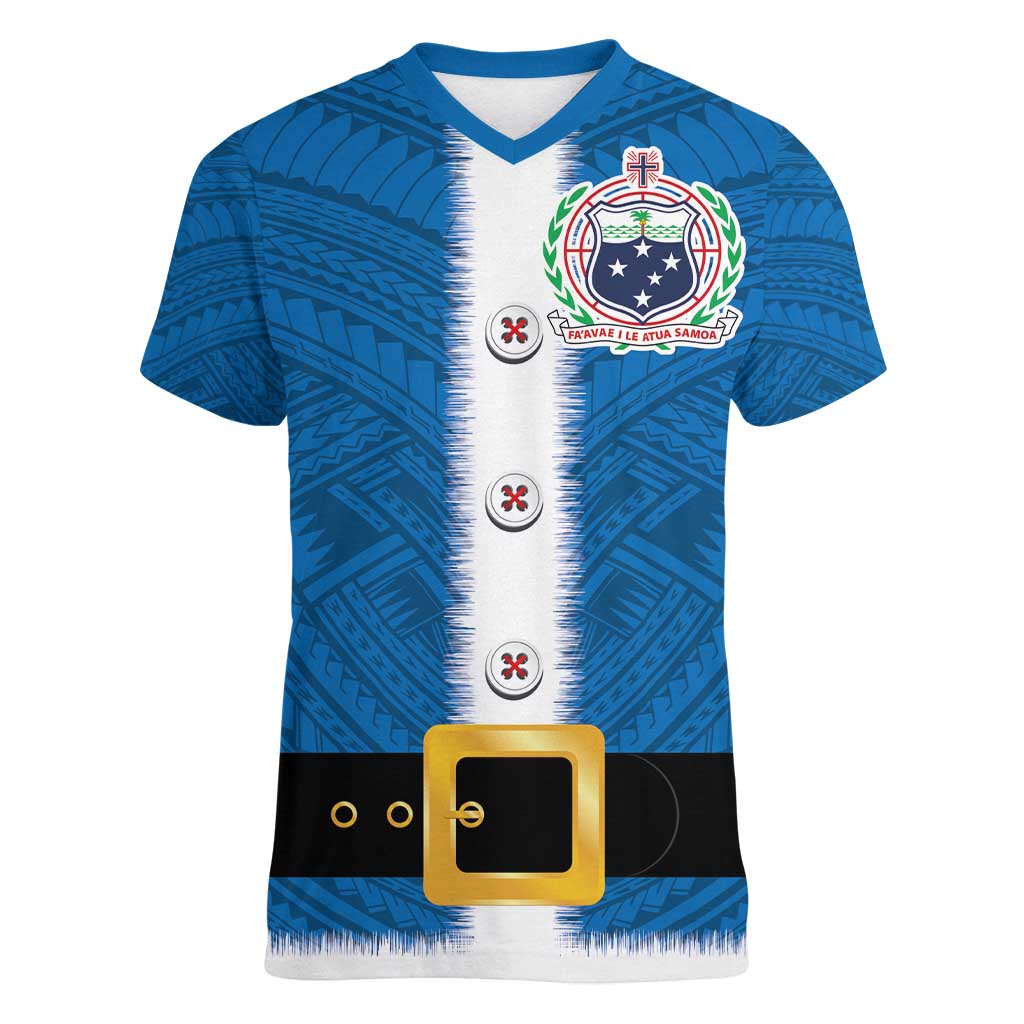 Samoa Merry Christmas Women V-Neck T-Shirt Santa Suit Style With Tatau Tattoo Pattern LT03 Female Blue - Polynesian Pride