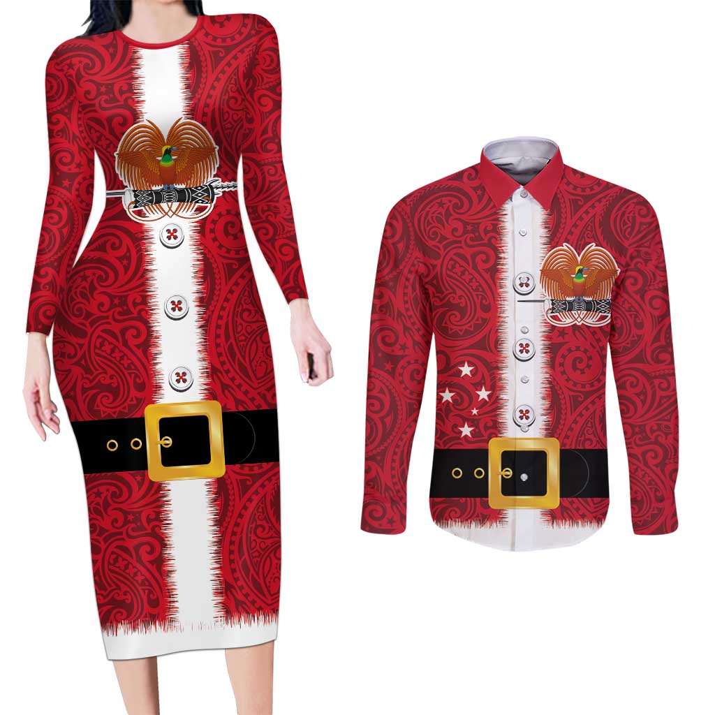 Papua New Guinea Merry Christmas Couples Matching Long Sleeve Bodycon Dress and Long Sleeve Button Shirt Santa Suit Style With Melanesian Pattern LT03 Red - Polynesian Pride