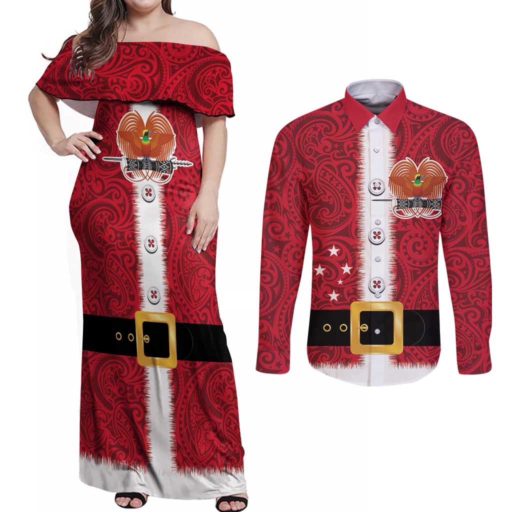 Papua New Guinea Merry Christmas Couples Matching Off Shoulder Maxi Dress and Long Sleeve Button Shirt Santa Suit Style With Melanesian Pattern LT03 Red - Polynesian Pride
