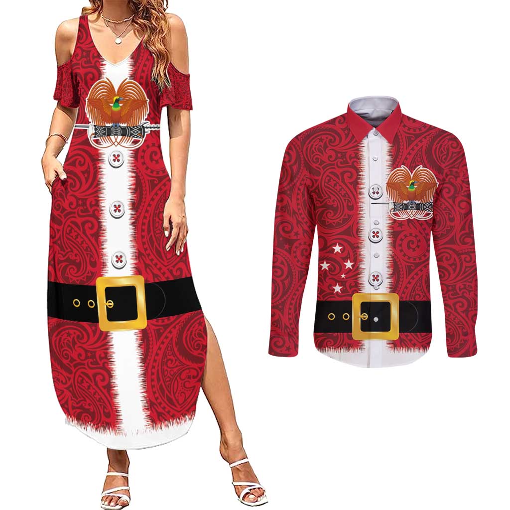 Papua New Guinea Merry Christmas Couples Matching Summer Maxi Dress and Long Sleeve Button Shirt Santa Suit Style With Melanesian Pattern LT03 Red - Polynesian Pride
