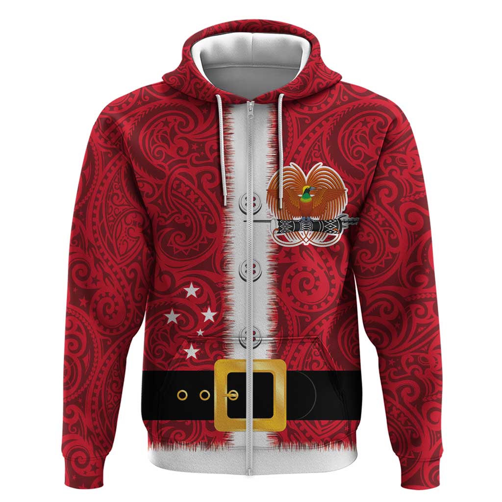 Papua New Guinea Merry Christmas Hoodie Santa Suit Style With Melanesian Pattern LT03 Zip Hoodie Red - Polynesian Pride