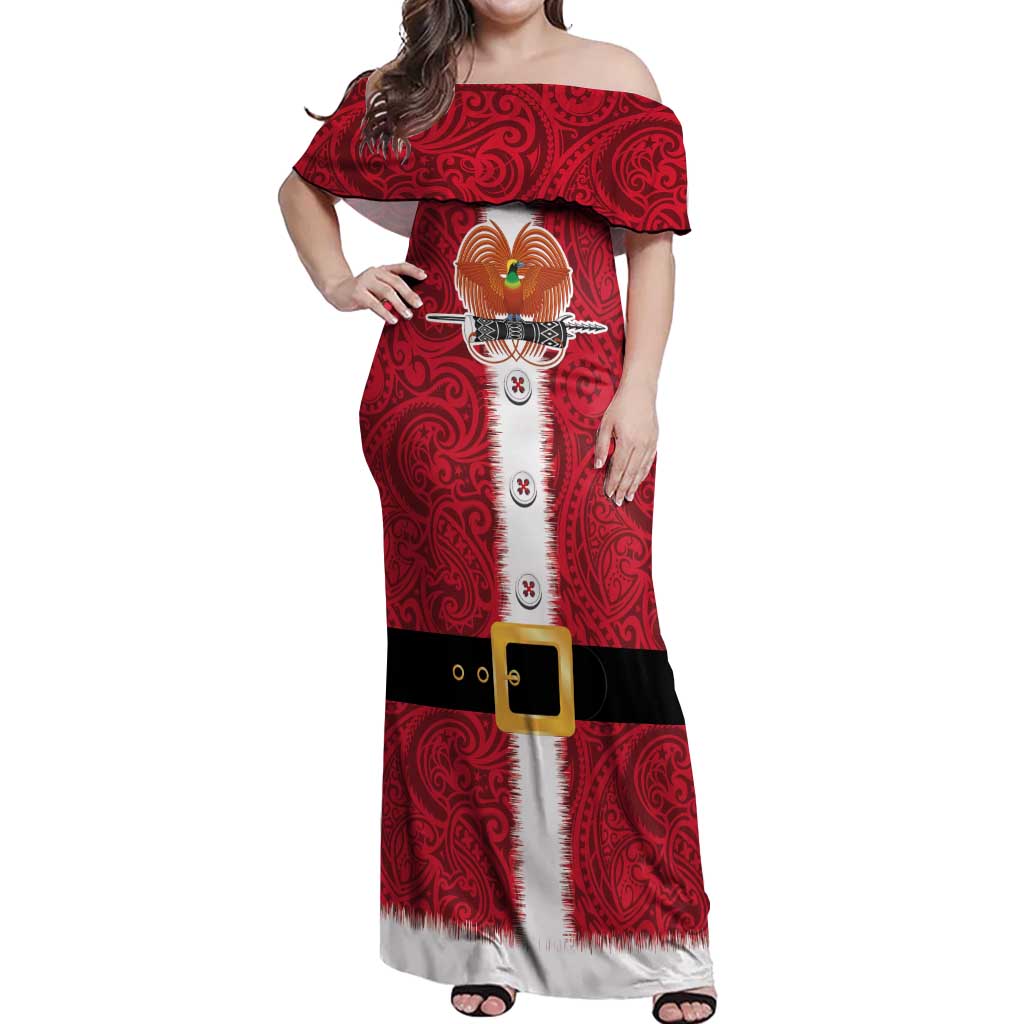 Papua New Guinea Merry Christmas Off Shoulder Maxi Dress Santa Suit Style With Melanesian Pattern LT03 Women Red - Polynesian Pride