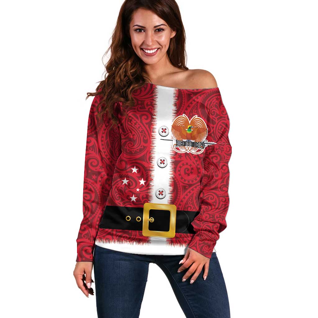 Papua New Guinea Merry Christmas Off Shoulder Sweater Santa Suit Style With Melanesian Pattern LT03 Women Red - Polynesian Pride