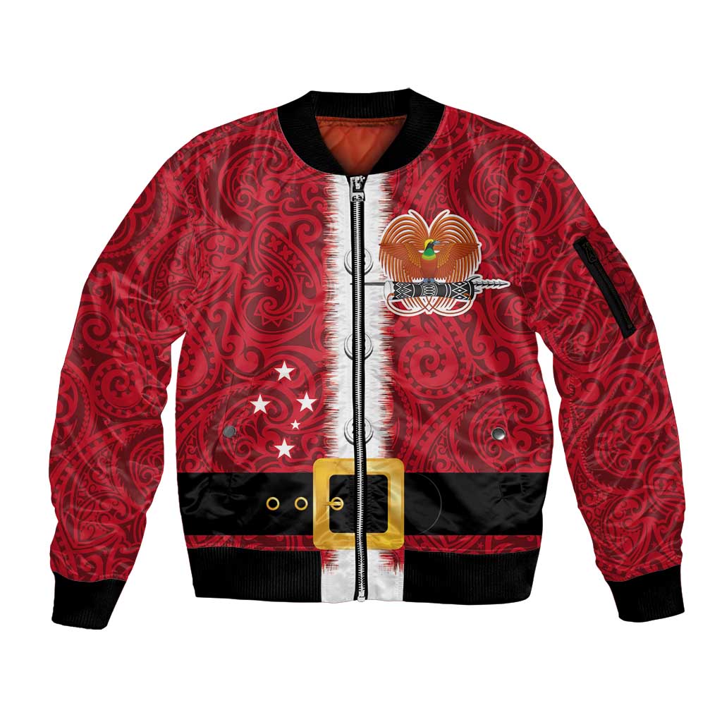 Papua New Guinea Merry Christmas Sleeve Zip Bomber Jacket Santa Suit Style With Melanesian Pattern LT03 Unisex Red - Polynesian Pride