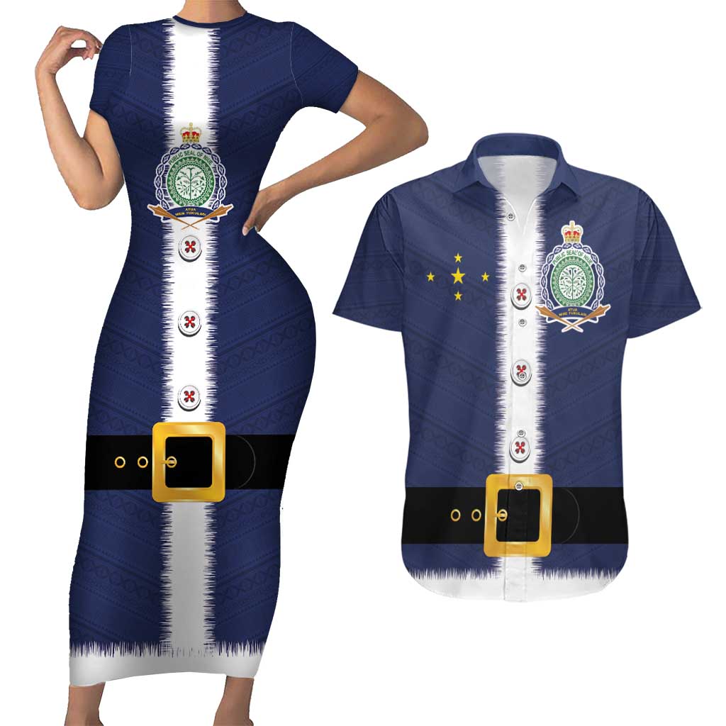 Niue Merry Christmas Couples Matching Short Sleeve Bodycon Dress and Hawaiian Shirt Santa Suit Style With Hiapo Pattern