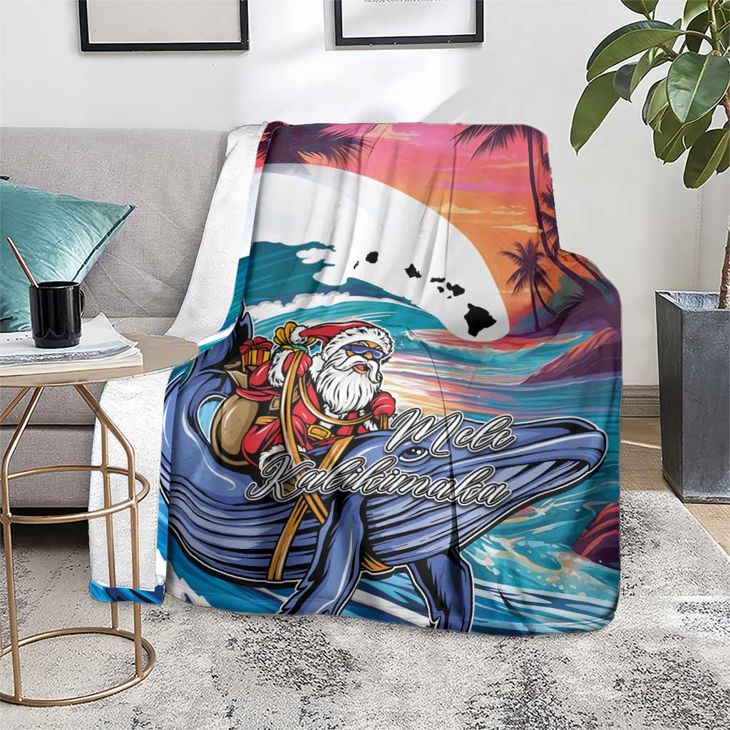Hawaiian Mele Kalikimaka Blanket Santa Claus Driving The Whale with Sunset Ocean Landscape