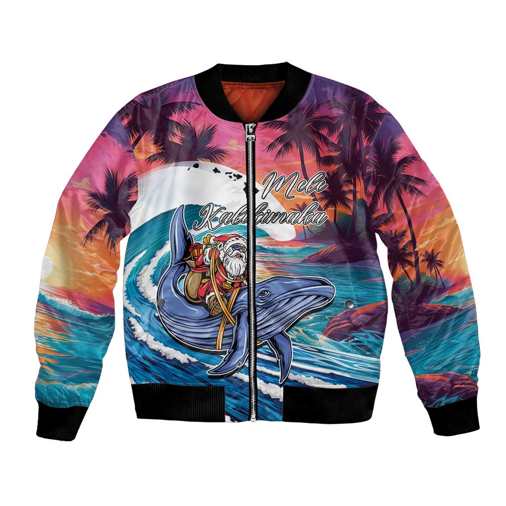Hawaiian Mele Kalikimaka Bomber Jacket Santa Claus Driving The Whale with Sunset Ocean Landscape LT03 Unisex Blue - Polynesian Pride