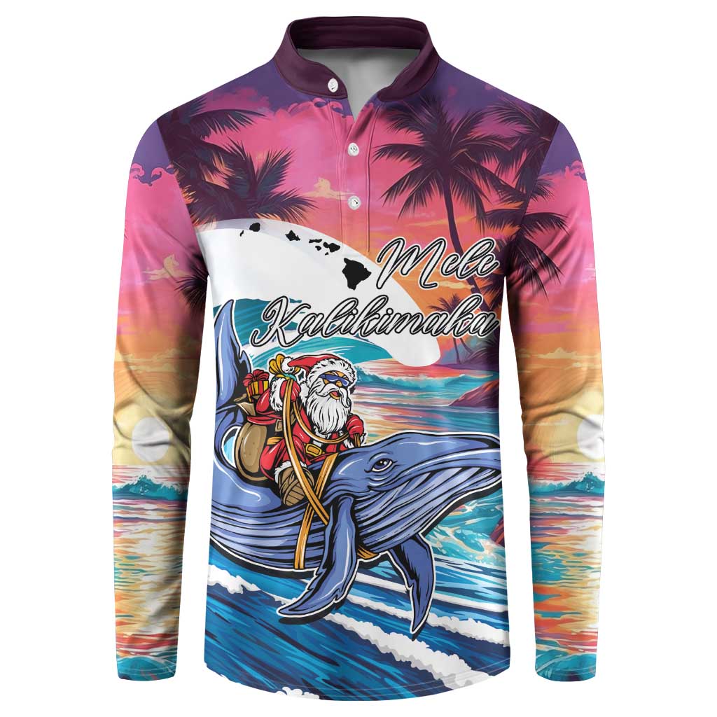 Hawaiian Mele Kalikimaka Button Sweatshirt Santa Claus Driving The Whale with Sunset Ocean Landscape LT03 Blue - Polynesian Pride