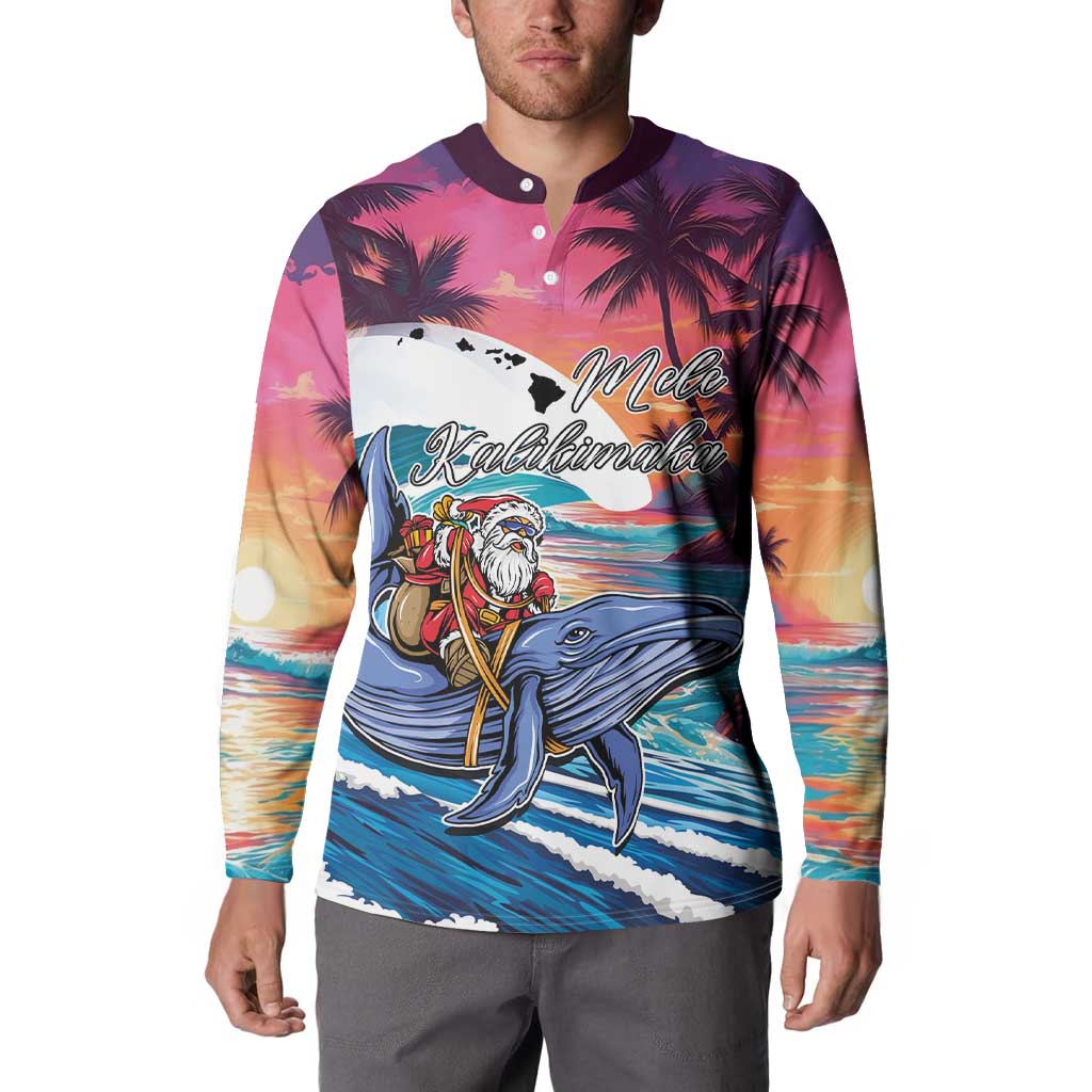 Hawaiian Mele Kalikimaka Button Sweatshirt Santa Claus Driving The Whale with Sunset Ocean Landscape LT03 - Polynesian Pride