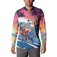 Hawaiian Mele Kalikimaka Button Sweatshirt Santa Claus Driving The Whale with Sunset Ocean Landscape LT03 - Polynesian Pride