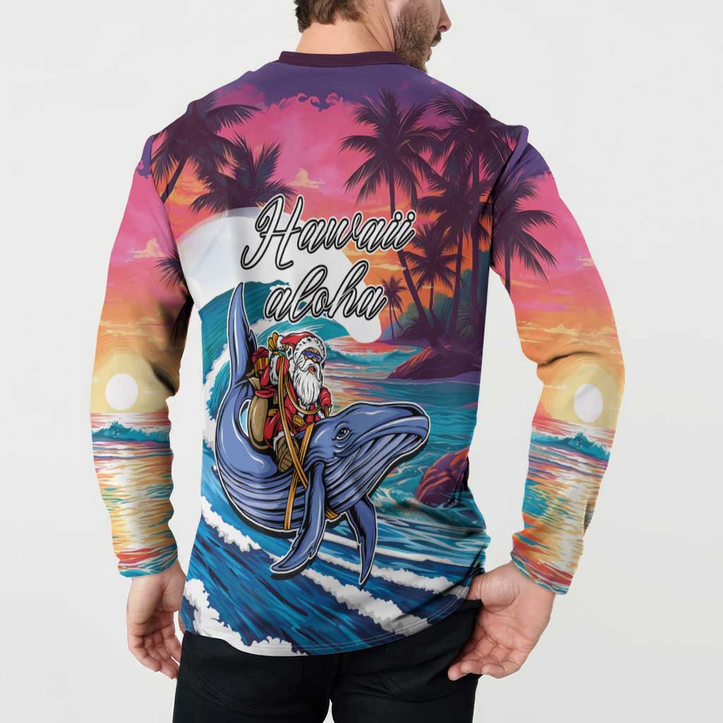 Hawaiian Mele Kalikimaka Button Sweatshirt Santa Claus Driving The Whale with Sunset Ocean Landscape LT03 - Polynesian Pride
