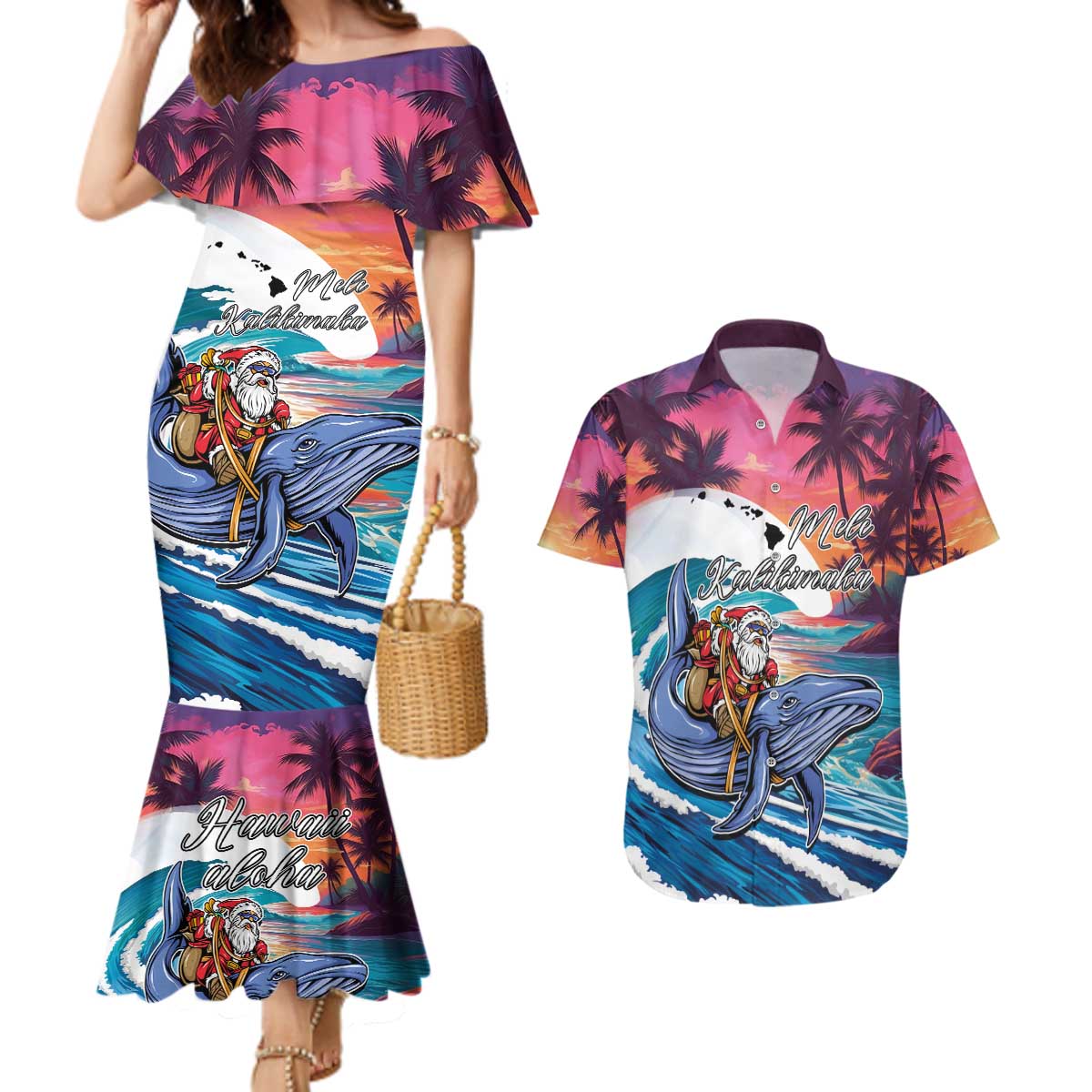 Hawaiian Mele Kalikimaka Couples Matching Mermaid Dress and Hawaiian Shirt Santa Claus Driving The Whale with Sunset Ocean Landscape LT03 Blue - Polynesian Pride