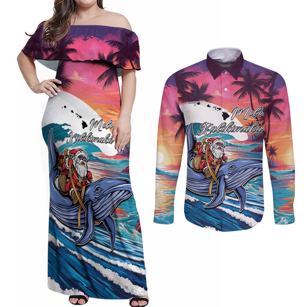 Hawaiian Mele Kalikimaka Couples Matching Off Shoulder Maxi Dress and Long Sleeve Button Shirt Santa Claus Driving The Whale with Sunset Ocean Landscape LT03 Blue - Polynesian Pride