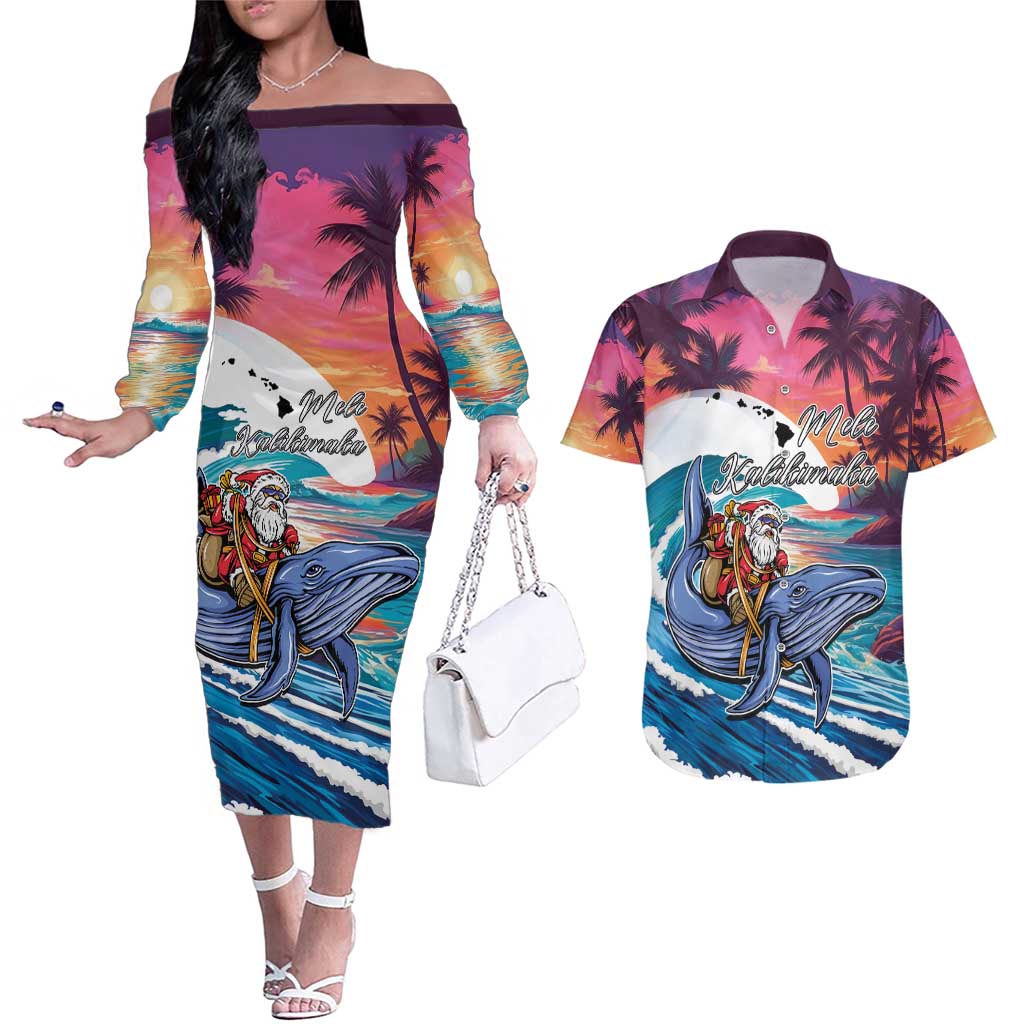 Hawaiian Mele Kalikimaka Couples Matching Off The Shoulder Long Sleeve Dress and Hawaiian Shirt Santa Claus Driving The Whale with Sunset Ocean Landscape LT03 Blue - Polynesian Pride