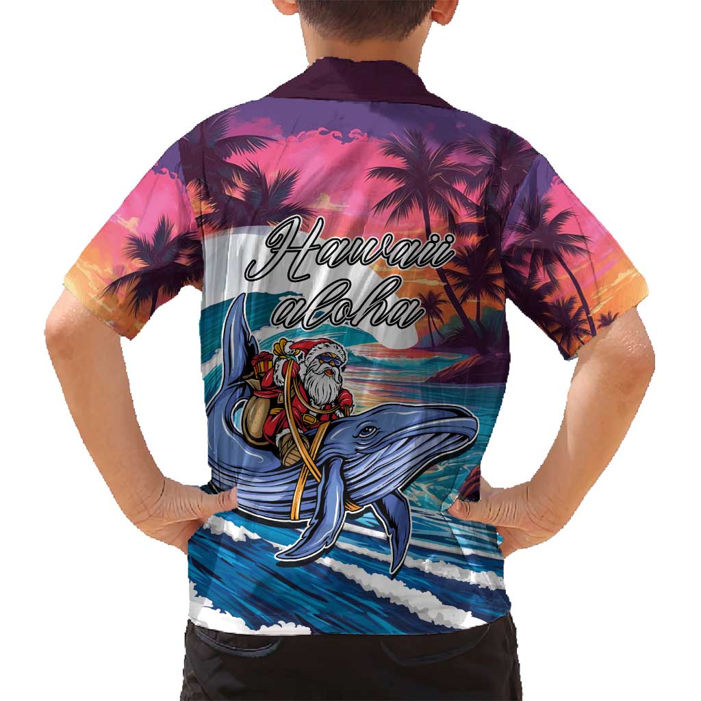 Hawaiian Mele Kalikimaka Family Matching Long Sleeve Bodycon Dress and Hawaiian Shirt Santa Claus Driving The Whale with Sunset Ocean Landscape