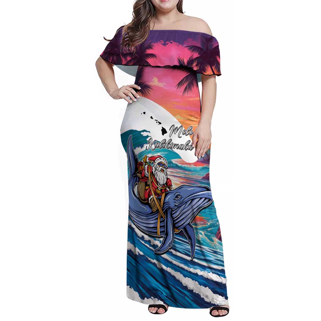 Hawaiian Mele Kalikimaka Family Matching Off Shoulder Maxi Dress and Hawaiian Shirt Santa Claus Driving The Whale with Sunset Ocean Landscape