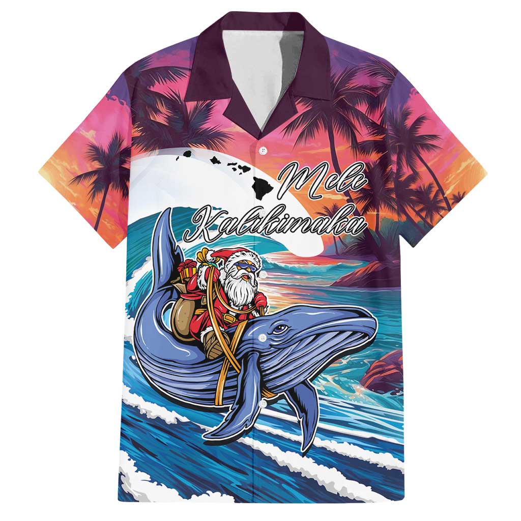 Hawaiian Mele Kalikimaka Family Matching Off Shoulder Short Dress and Hawaiian Shirt Santa Claus Driving The Whale with Sunset Ocean Landscape