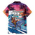 Hawaiian Mele Kalikimaka Family Matching Off Shoulder Short Dress and Hawaiian Shirt Santa Claus Driving The Whale with Sunset Ocean Landscape