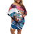 Hawaiian Mele Kalikimaka Family Matching Off Shoulder Short Dress and Hawaiian Shirt Santa Claus Driving The Whale with Sunset Ocean Landscape