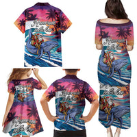 Hawaiian Mele Kalikimaka Family Matching Puletasi and Hawaiian Shirt Santa Claus Driving The Whale with Sunset Ocean Landscape