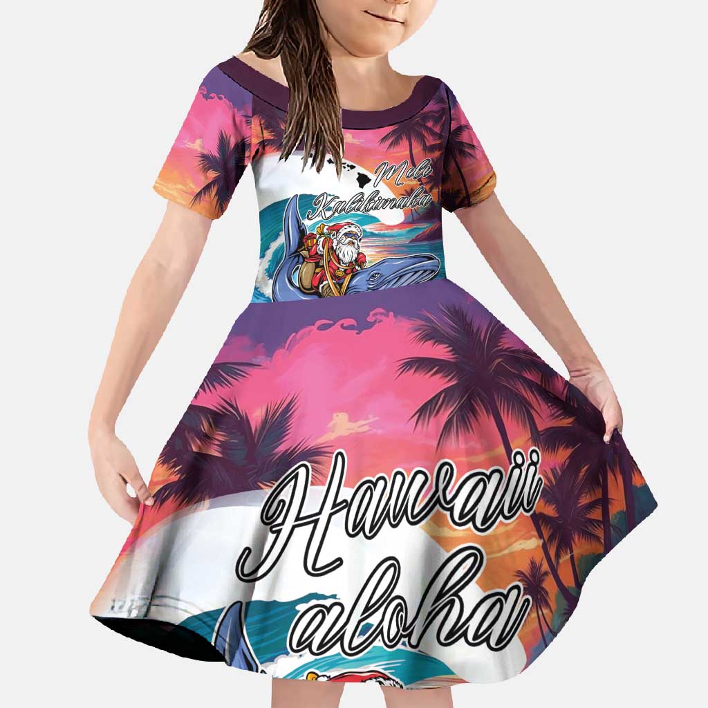 Hawaiian Mele Kalikimaka Family Matching Summer Maxi Dress and Hawaiian Shirt Santa Claus Driving The Whale with Sunset Ocean Landscape LT03 Daughter's Dress Blue - Polynesian Pride