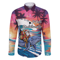 Hawaiian Mele Kalikimaka Family Matching Summer Maxi Dress and Hawaiian Shirt Santa Claus Driving The Whale with Sunset Ocean Landscape LT03 Dad's Shirt - Long Sleeve Blue - Polynesian Pride
