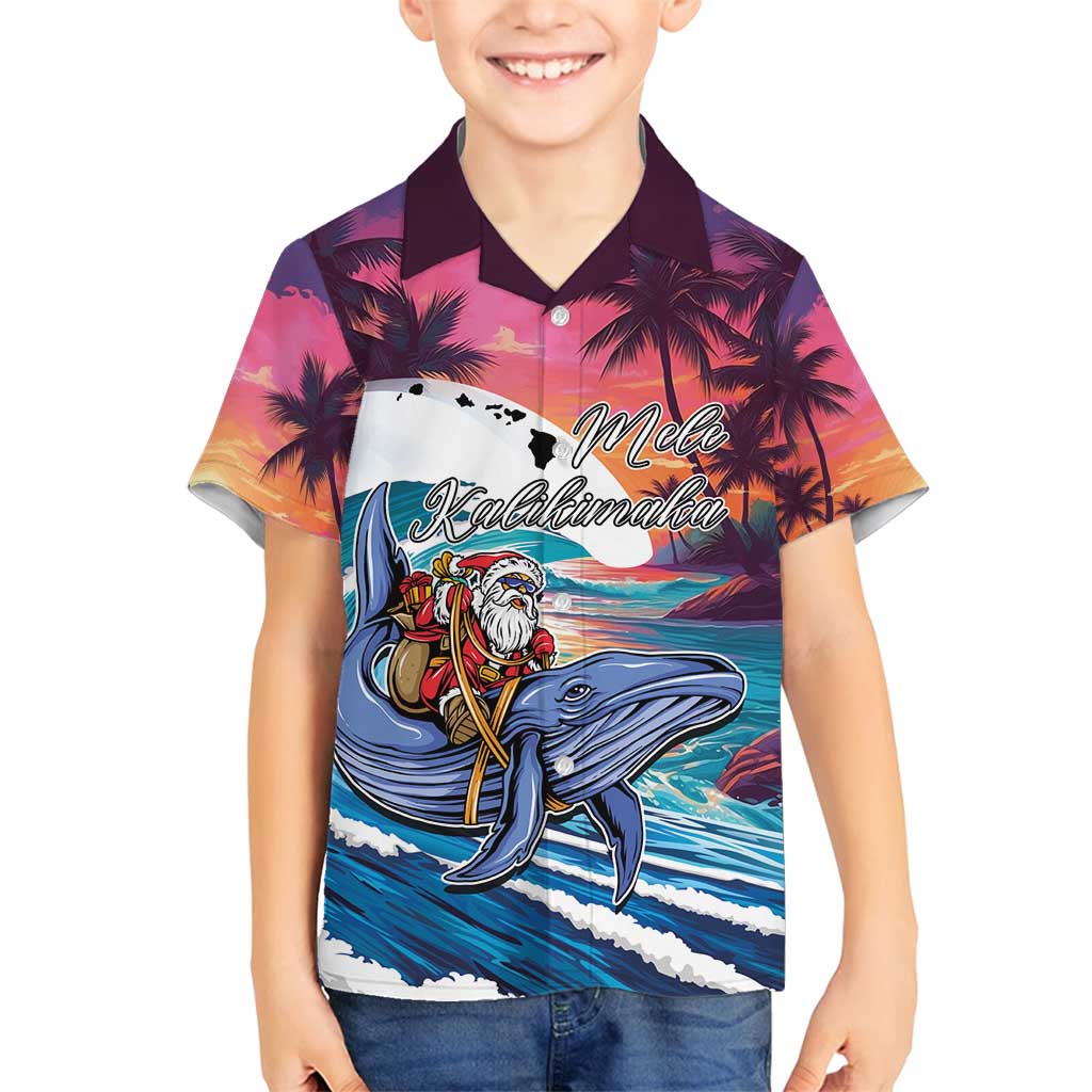 Hawaiian Mele Kalikimaka Family Matching Summer Maxi Dress and Hawaiian Shirt Santa Claus Driving The Whale with Sunset Ocean Landscape LT03 Son's Shirt Blue - Polynesian Pride