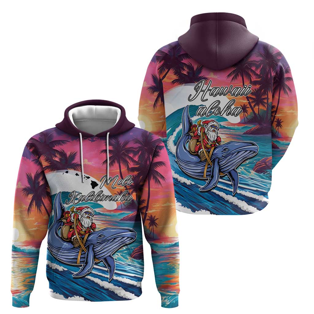 Hawaiian Mele Kalikimaka Hoodie Santa Claus Driving The Whale with Sunset Ocean Landscape