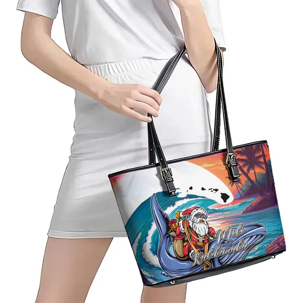 Hawaiian Mele Kalikimaka Leather Tote Bag Santa Claus Driving The Whale with Sunset Ocean Landscape