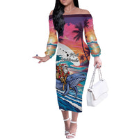 Hawaiian Mele Kalikimaka Off The Shoulder Long Sleeve Dress Santa Claus Driving The Whale with Sunset Ocean Landscape