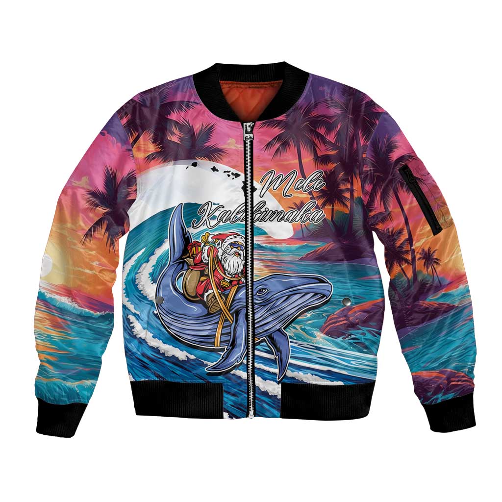 Hawaiian Mele Kalikimaka Sleeve Zip Bomber Jacket Santa Claus