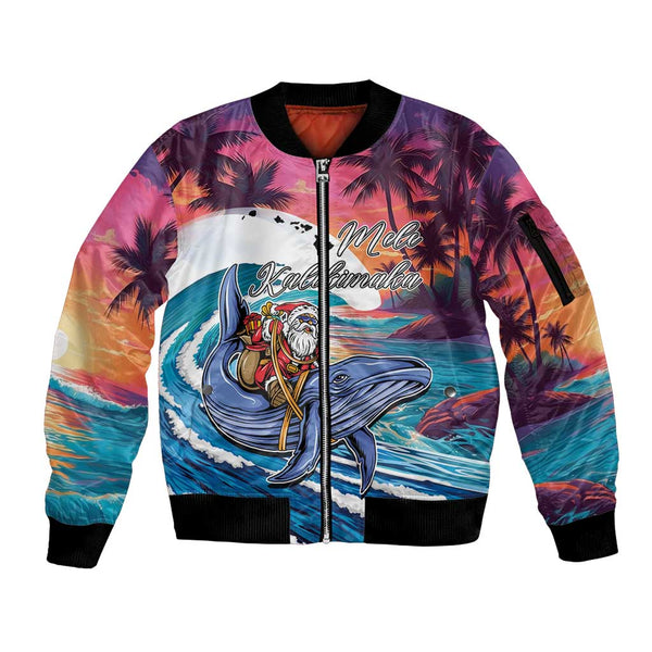 Hawaiian Mele Kalikimaka Sleeve Zip Bomber Jacket Santa Claus