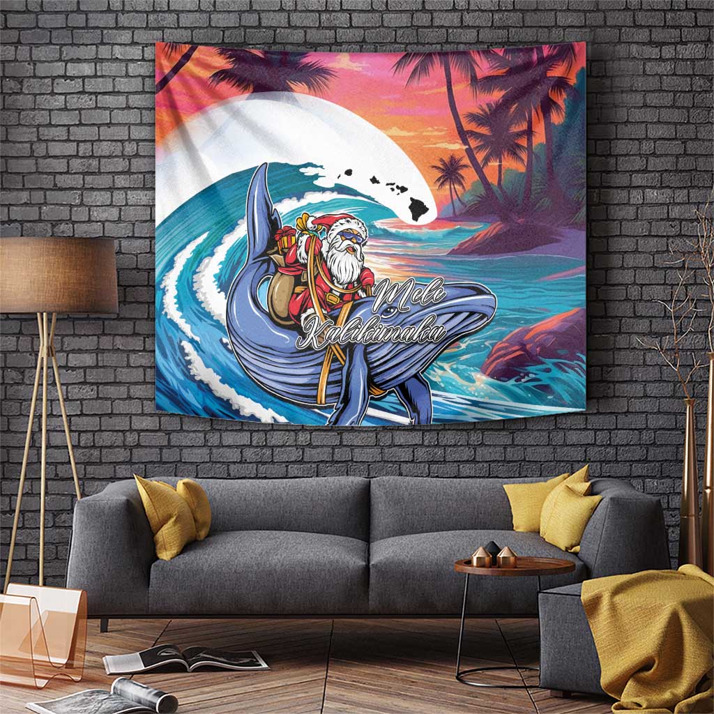 Hawaiian Mele Kalikimaka Tapestry Santa Claus Driving The Whale with Sunset Ocean Landscape LT03 Blue - Polynesian Pride