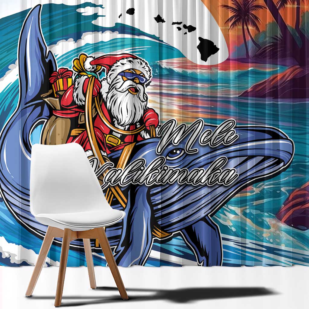 Hawaiian Mele Kalikimaka Window Curtain Santa Claus Driving The Whale with Sunset Ocean Landscape