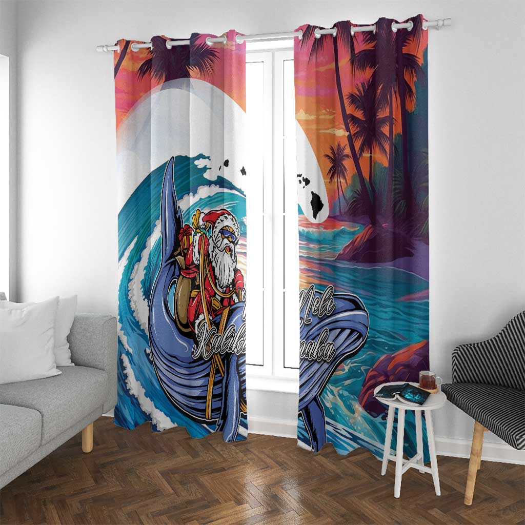 Hawaiian Mele Kalikimaka Window Curtain Santa Claus Driving The Whale with Sunset Ocean Landscape