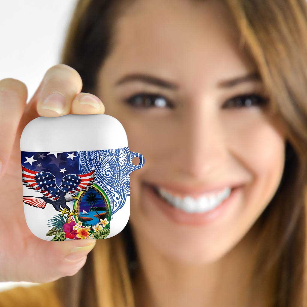 Guam and United States Together AirPods Case Bald Eagle and Guam Seal with Flower and Tribal Tattoos - Polynesian Pride