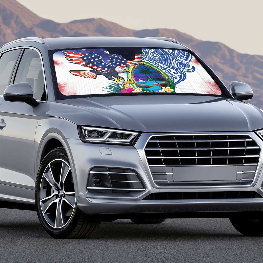 Guam and United States Together Auto Sun Shade Bald Eagle and Guam Seal with Flower and Tribal Tattoos - Polynesian Pride