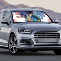 Guam and United States Together Auto Sun Shade Bald Eagle and Guam Seal with Flower and Tribal Tattoos - Polynesian Pride