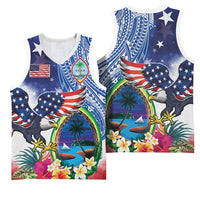 Guam and United States Together Basketball Jersey Bald Eagle and Guam Seal with Flower and Tribal Tattoos - Polynesian Pride