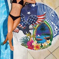 Guam and United States Together Beach Blanket Bald Eagle and Guam Seal with Flower and Tribal Tattoos - Polynesian Pride