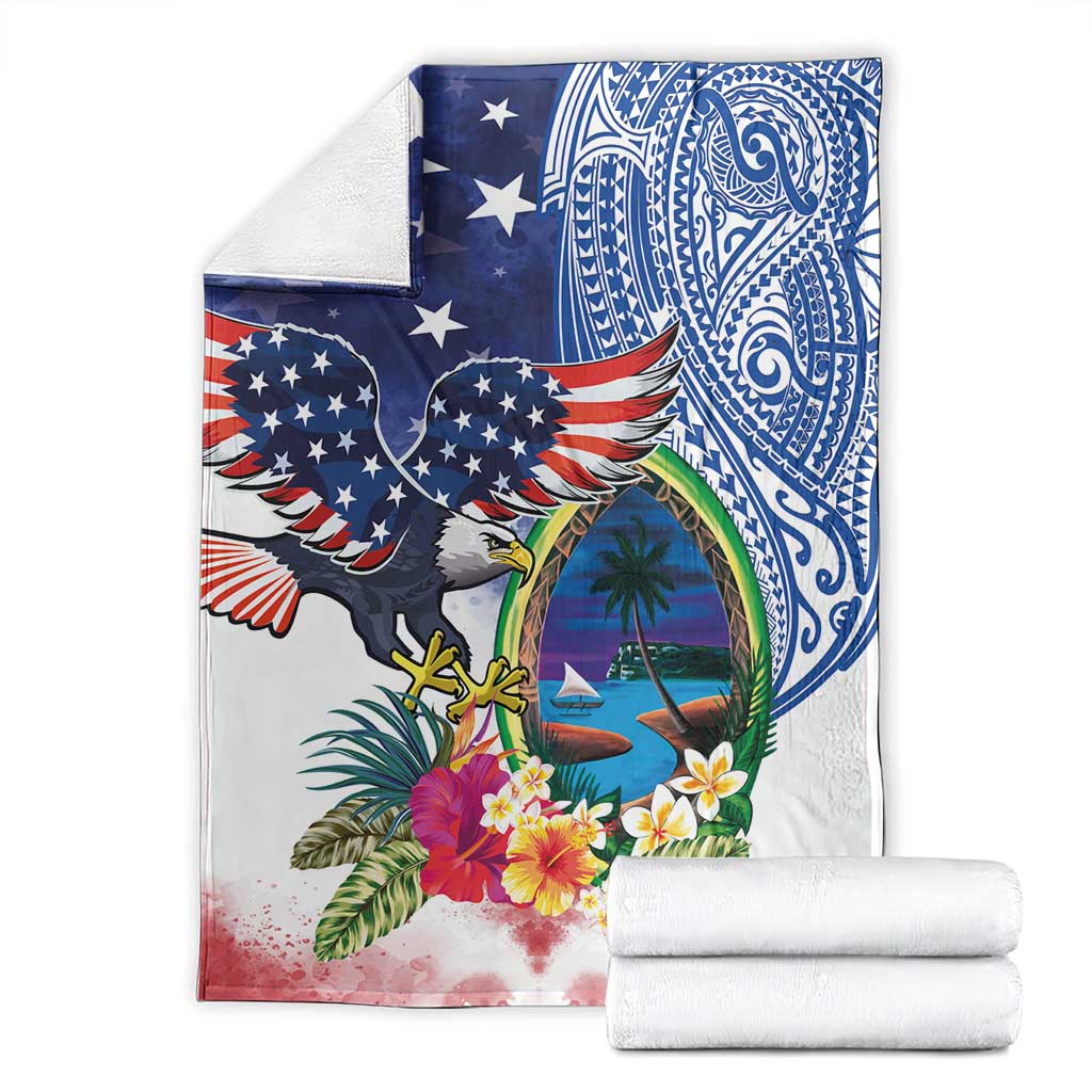 Guam and United States Together Blanket Bald Eagle and Guam Seal with Flower and Tribal Tattoos - Polynesian Pride