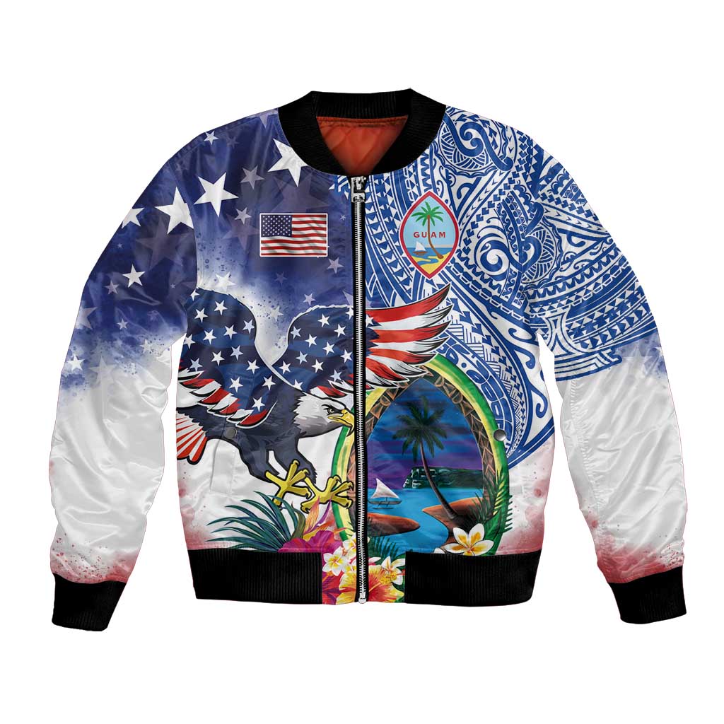 Guam and United States Together Bomber Jacket Bald Eagle and Guam Seal with Flower and Tribal Tattoos - Polynesian Pride