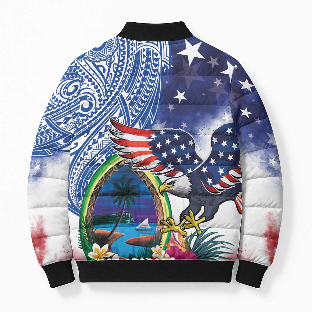 Guam and United States Together Bomber Puffer Jacket Bald Eagle and Guam Seal with Flower and Tribal Tattoos - Polynesian Pride