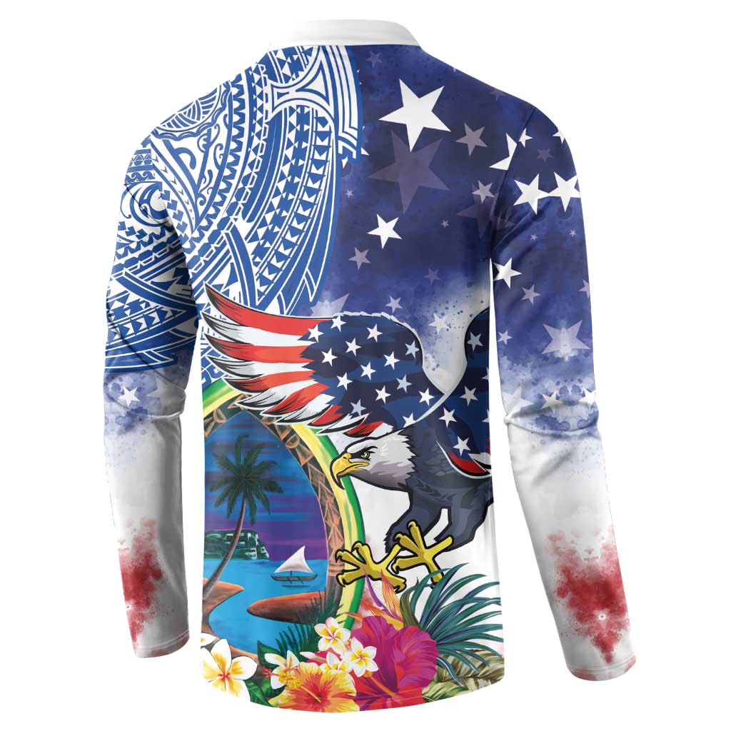 Guam and United States Together Button Sweatshirt Bald Eagle and Guam Seal with Flower and Tribal Tattoos - Polynesian Pride