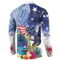 Guam and United States Together Button Sweatshirt Bald Eagle and Guam Seal with Flower and Tribal Tattoos - Polynesian Pride