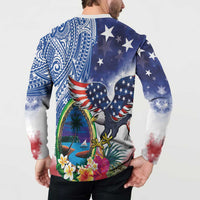 Guam and United States Together Button Sweatshirt Bald Eagle and Guam Seal with Flower and Tribal Tattoos - Polynesian Pride