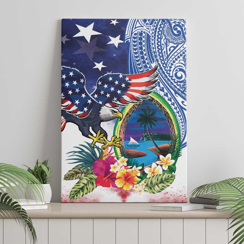 Guam and United States Together Canvas Wall Art Bald Eagle and Guam Seal with Flower and Tribal Tattoos - Polynesian Pride