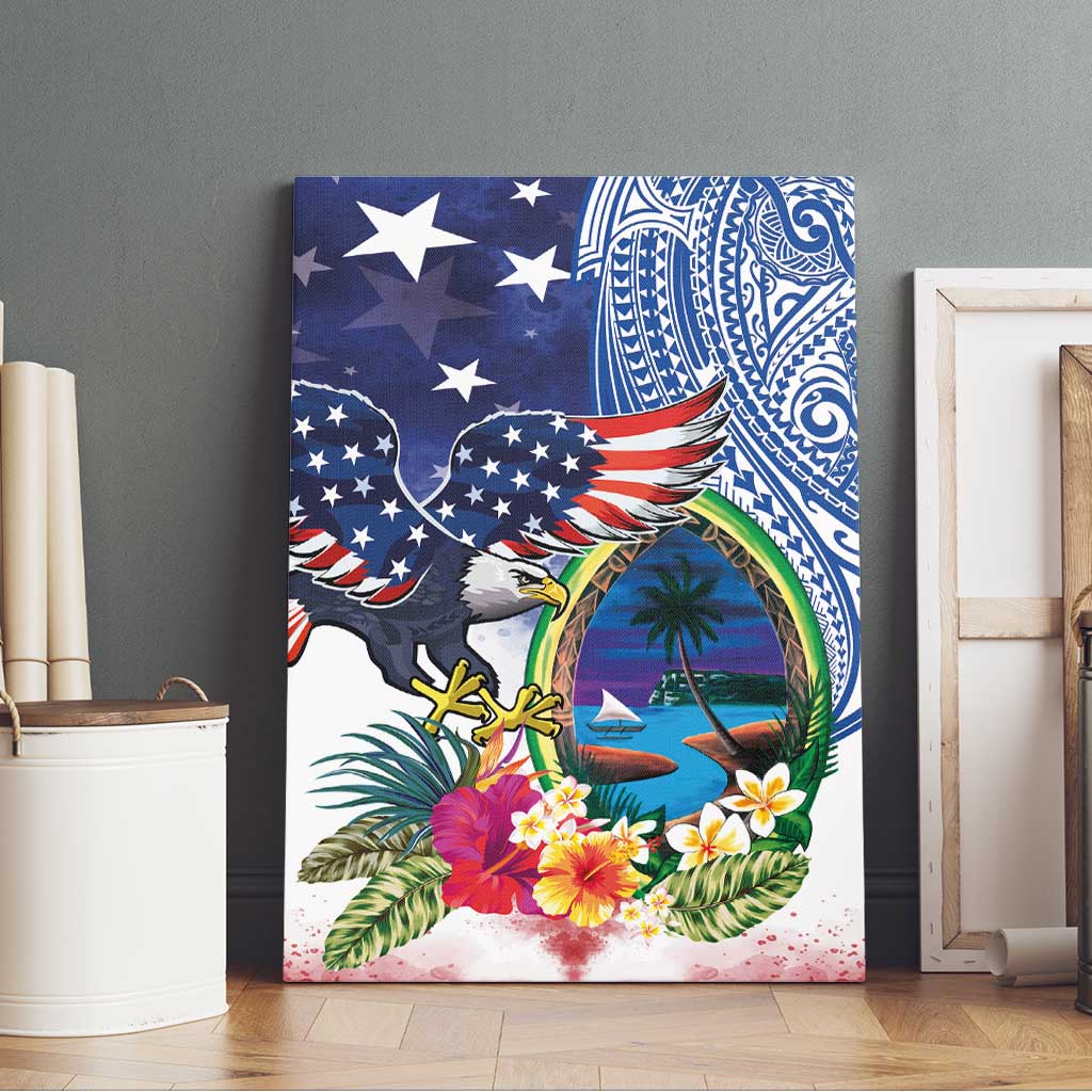 Guam and United States Together Canvas Wall Art Bald Eagle and Guam Seal with Flower and Tribal Tattoos - Polynesian Pride